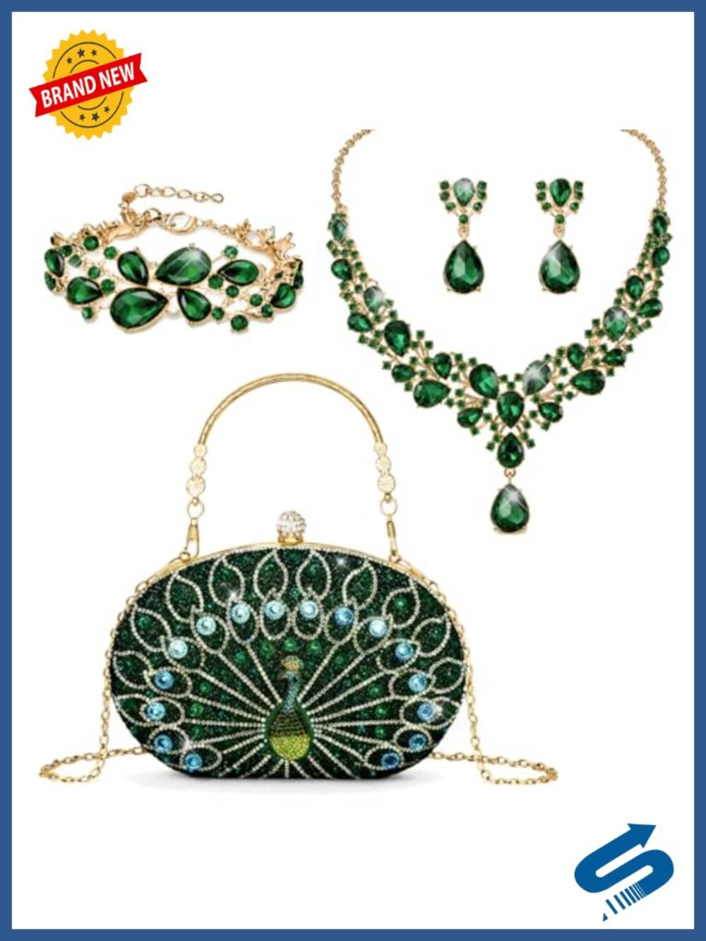 Rhinestone Crystal Peacock Clutch Purse Jewelry Set Wedding Evening Bag